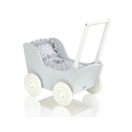 Wooden Doll Pram Stroller GrayBedding Set White Dots on Gray