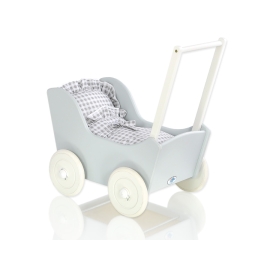 Wooden Doll Pram Stroller GrayWhite Gray Checkered