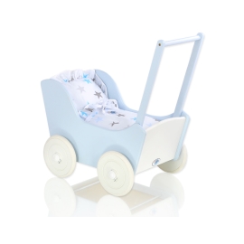 Wooden Doll Pram White-Blue -765