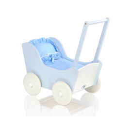 Wooden Doll Pram White-Blue Bedding Set White Dots on Blue