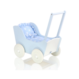 Wooden Doll Pram White-Blue Blue with Big White Dots