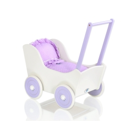 Wooden Doll pram White with Lilac Purple with White Dots Dolls Bedding