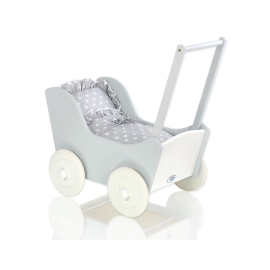 Wooden Doll Stroller Gray-White Bedding Set White Dots on Gray