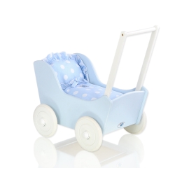Wooden Doll Stroller Pram Blue Blue with Big White Dots