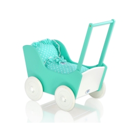 Wooden pram for Dolls with Bedding Set Mint White Bedding Set White Dots on Mint