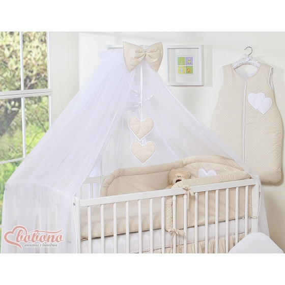 120x60 babybed Mosquito-net made of chiffon- Hanging Hearts white dots on beige