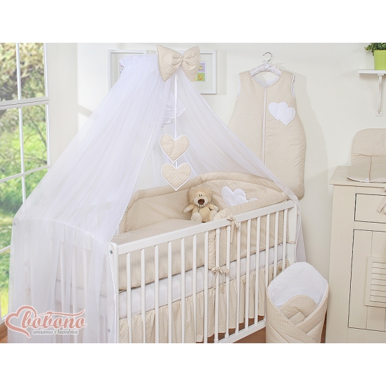 120x60 babybed Mosquito-net made of chiffon- Hanging Hearts white dots on beige