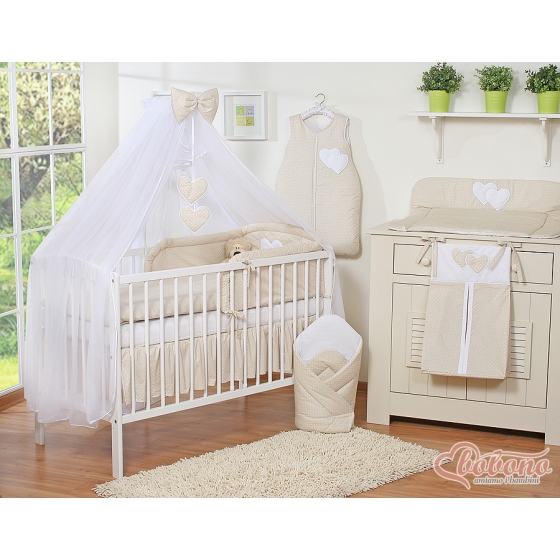 120x60 babybed Mosquito-net made of chiffon- Hanging Hearts white dots on beige