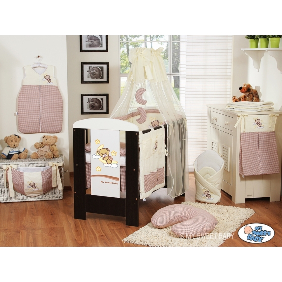 7 pcs embroidered baby canopy bedding set for cot/ cot bed (S60)- Good night brownn