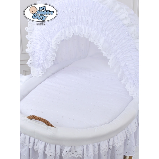 Baby bassinet with wheels Natural Wicker & Wood hood crib Charlotte White Embroidered Bedding Set no 50102White Bedding Set