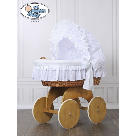 Baby bassinet with wheels Natural Wicker & Wood hood crib Charlotte White Embroidered Bedding Set no 50102White Bedding Set