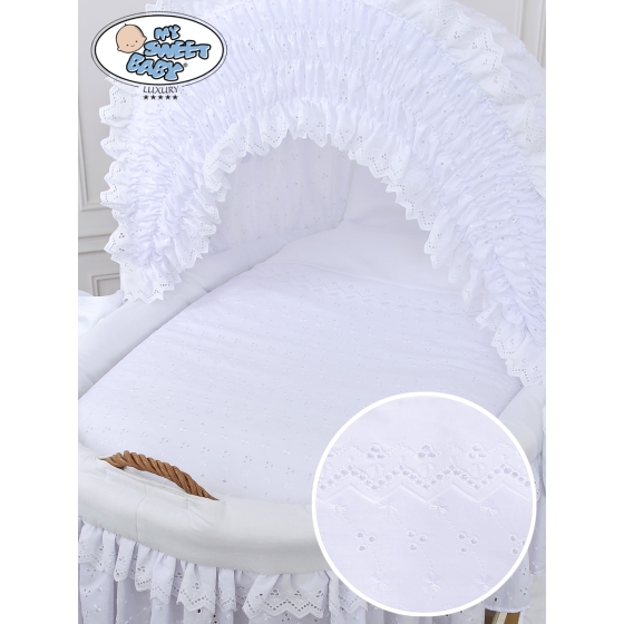 Baby bassinet with wheels Natural Wicker & Wood hood crib Charlotte White Embroidered Bedding Set no 50102White Bedding Set