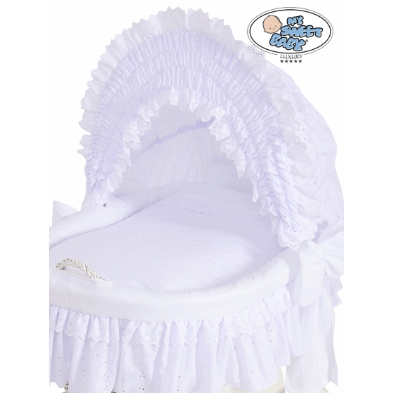 Baby bassinet with wheels White Wicker & Wood hood crib Charlotte White Embroidered Bedding Set no 70102White Bedding Set