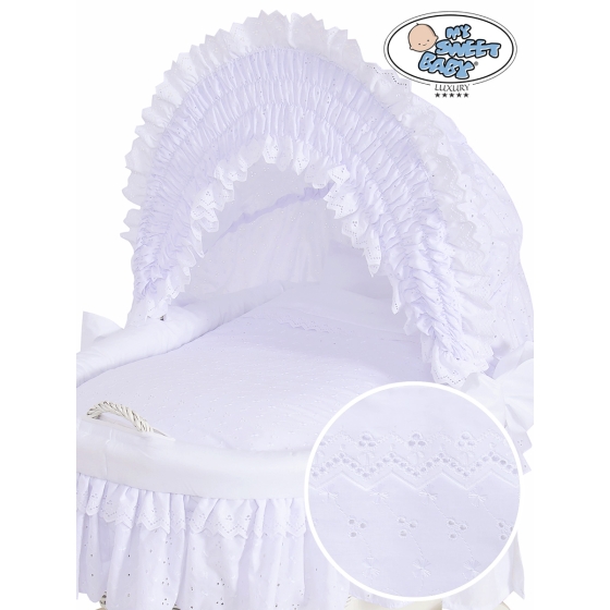 Baby bassinet with wheels White Wicker & Wood hood crib Charlotte White Embroidered Bedding Set no 70102White Bedding Set