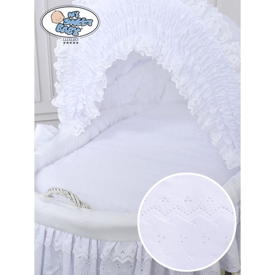 Baby bassinet with wheels White Wicker & Wood hood crib Charlotte White Embroidered Bedding Set no 70102White Bedding Set
