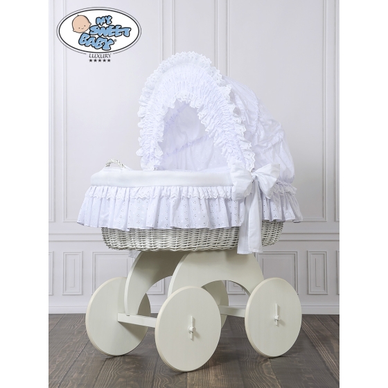 Baby bassinet with wheels White Wicker & Wood hood crib Charlotte White Embroidered Bedding Set no 70102White Bedding Set