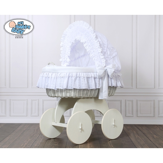 Baby bassinet with wheels White Wicker & Wood hood crib Charlotte White Embroidered Bedding Set no 70102White Bedding Set