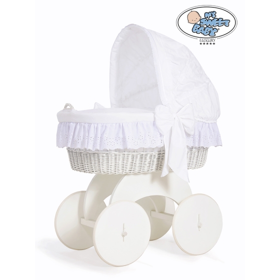 Baby bassinet with wheels White Wicker & Wood hood crib Sophia no. 70102-912