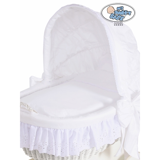 Baby bassinet with wheels White Wicker & Wood hood crib Sophia no. 70102-912