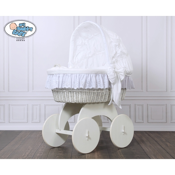 Baby bassinet with wheels White Wicker & Wood hood crib Sophia no. 70102-912