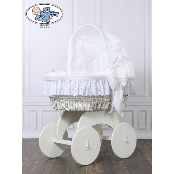 Baby bassinet with wheels White Wicker & Wood hood crib Sophia no. 70102-912
