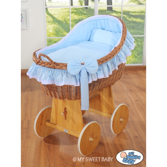 Baby bassinet with wheels Wicker hood crib Carina- Blue