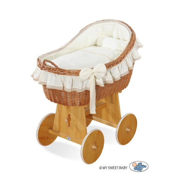 Baby bassinet with wheels Wicker hood crib Carina- Cream