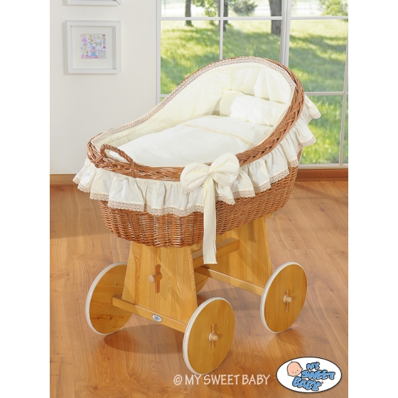 Baby bassinet with wheels Wicker hood crib Carina- Cream