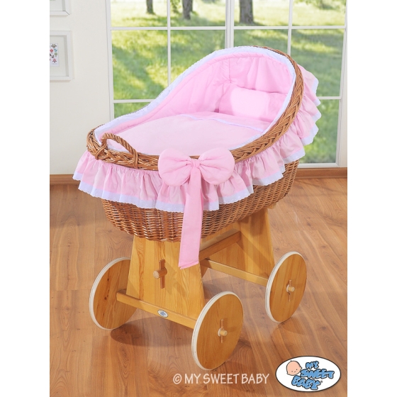 Baby bassinet with wheels Wicker hood crib Carina- Pink