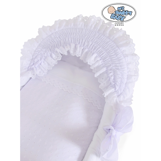 Baby bassinet with wheels Wicker hood crib Charlotte- White with lace