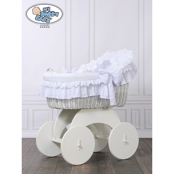 Baby bassinet with wheels Wicker hood crib Charlotte- White with lace