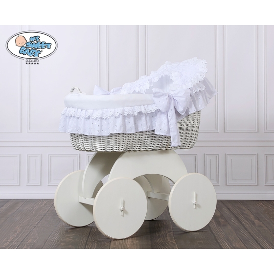 Baby bassinet with wheels Wicker hood crib Charlotte- White with lace