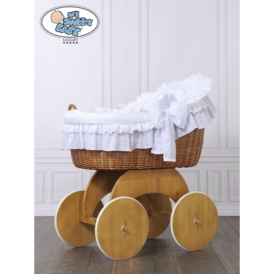 Baby bassinet with wheels Wicker hood crib Lily - White with lace