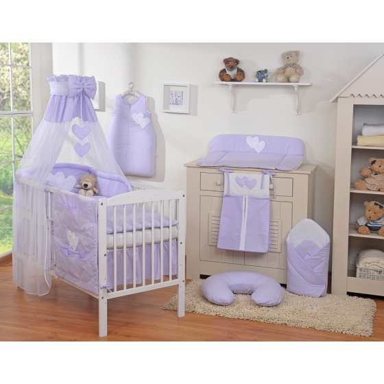 Baby Bed Bedding set 7-pcs with canopy- Hanging Hearts lilac