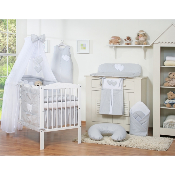 Baby Bed Bedding set 7-pcs with mosquito-net- Hanging Hearts Gray