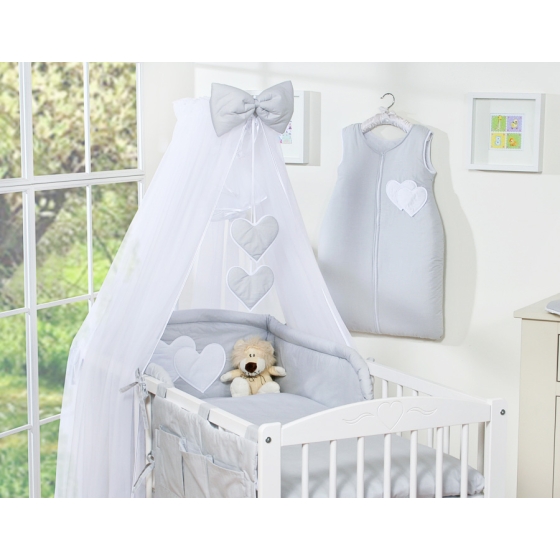 Baby Bed Bedding set 7-pcs with mosquito-net- Hanging Hearts Gray