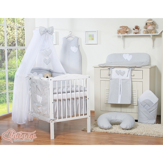 Baby Bed Bedding set 7-pcs with mosquito-net- Hanging Hearts Gray