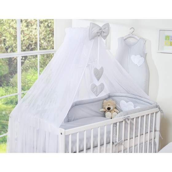 Baby Bed Bedding set 7-pcs with mosquito-net- Hanging Hearts Gray