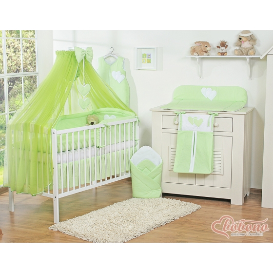 Baby Bed Bedding set 7-pcs with mosquito-net- Hanging Hearts green