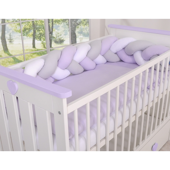 Baby bed braided Knot bumper- white-gray-lilac