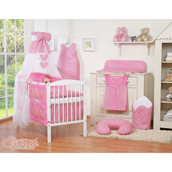 Baby Bed Canopy made of Chiffon- Hanging Hearts dark pink checkered