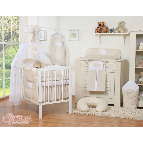 Baby Bed Canopy made of Chiffon- Hanging Hearts white polka dots on beige