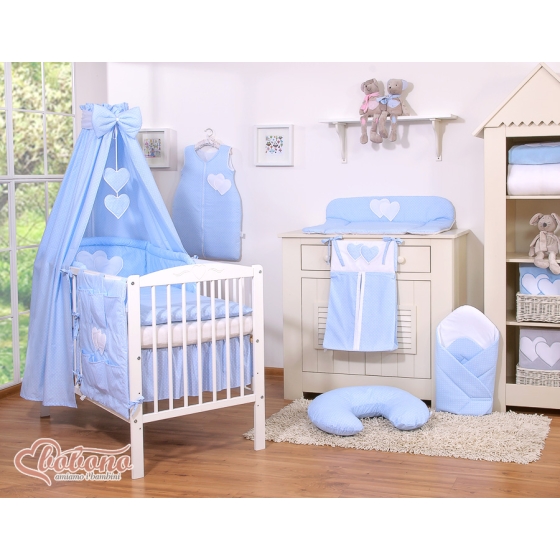 Baby Bed Canopy made of cotton- Hanging Hearts white dots on blue