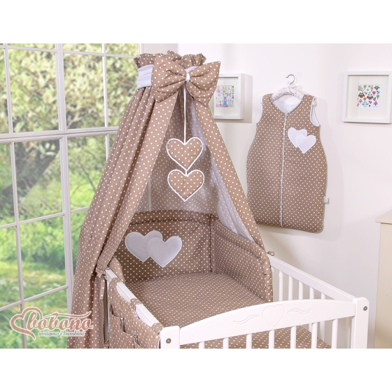 Baby Bed Canopy made of cotton- Hanging Hearts white dots on brown
