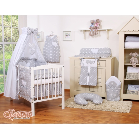 Baby Bed Canopy made of cotton- Hanging Hearts white dots on gray