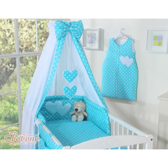 Baby Bed Canopy made of cotton- Hanging Hearts white dots on turquoise