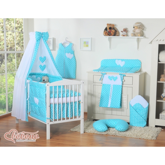 Baby Bed Canopy made of cotton- Hanging Hearts white dots on turquoise