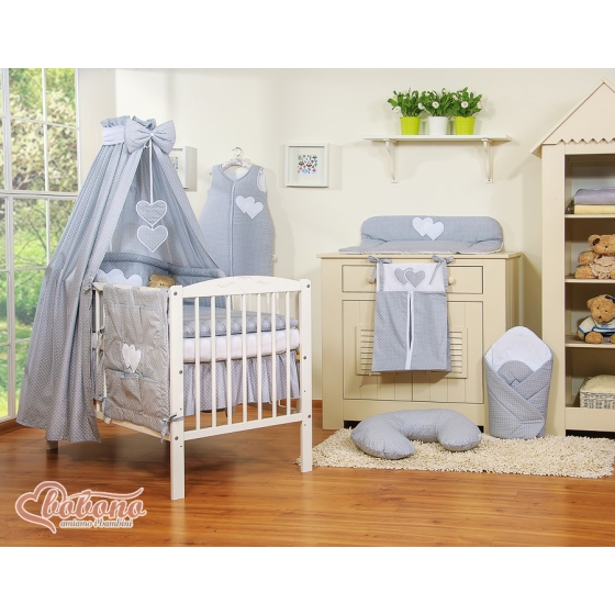 Baby Bed Canopy made of cotton- Hanging Hearts white polka dots on gray