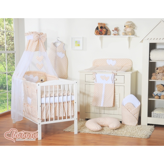 Baby Bed Canopy made of tulle- Hanging Hearts white dots on beige