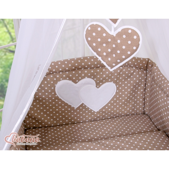 Baby Bed Canopy made of tulle- Hanging Hearts white dots on brown